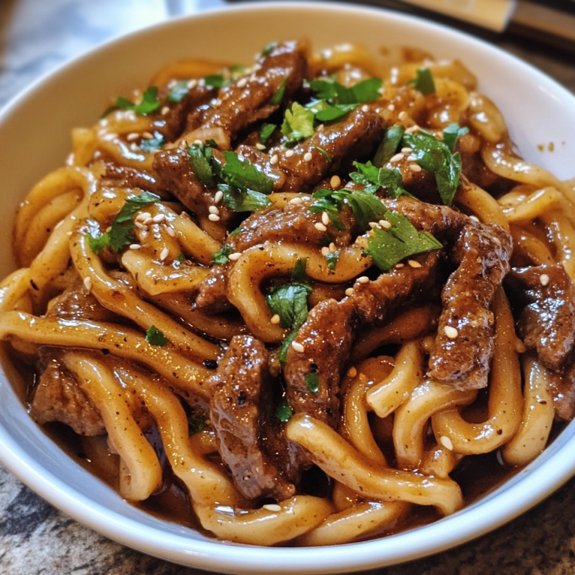 A bowl holding beefy black pepper udon noodles with fixings.