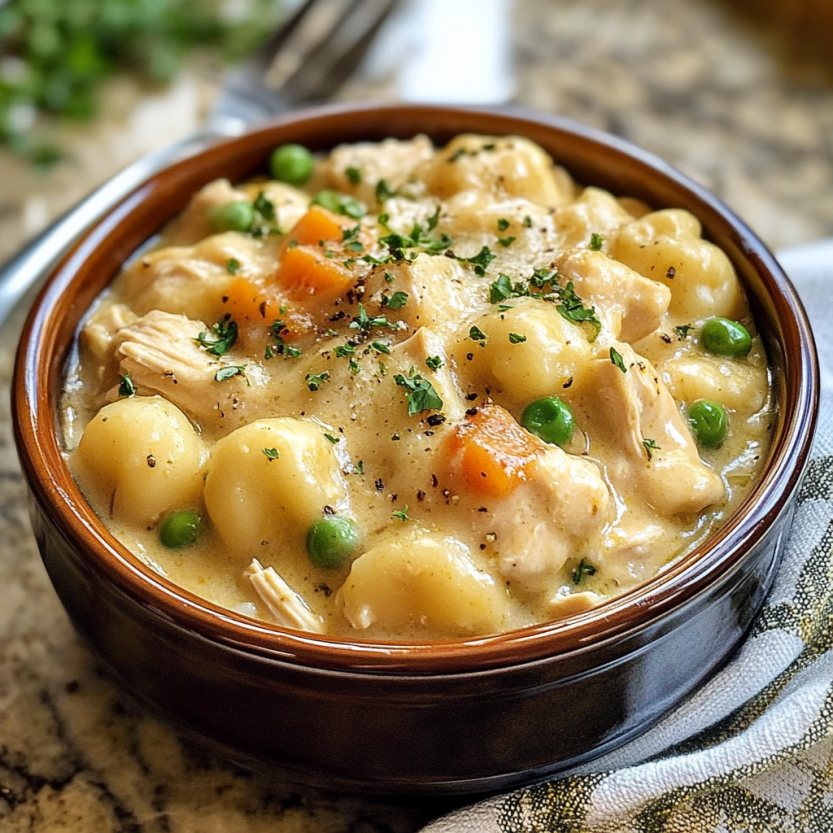 A pot filled with gnocchi chicken pot pie magic.