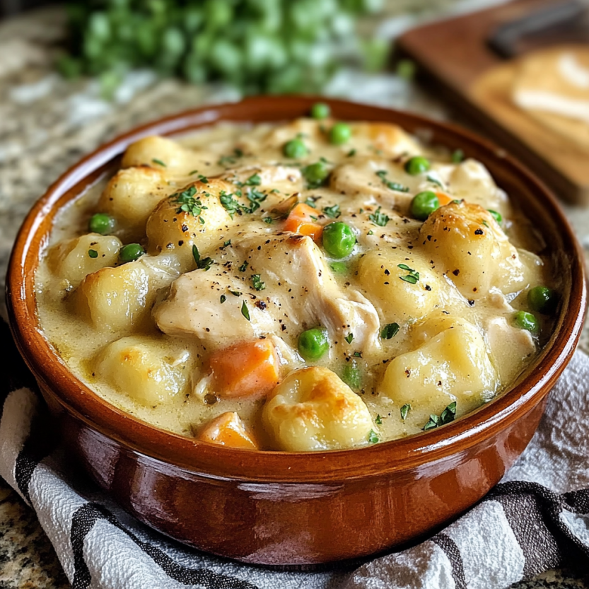 A plate loaded with gnocchi chicken pot pie goodness.