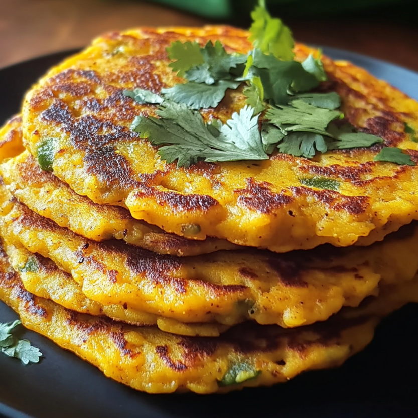 A stack of colorful lentil pancakes.