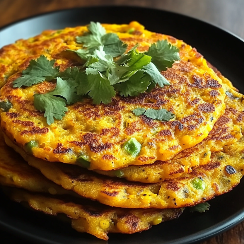 A plate of colorful lentil pancakes topped with herbs and fresh veggies, ready to enjoy.