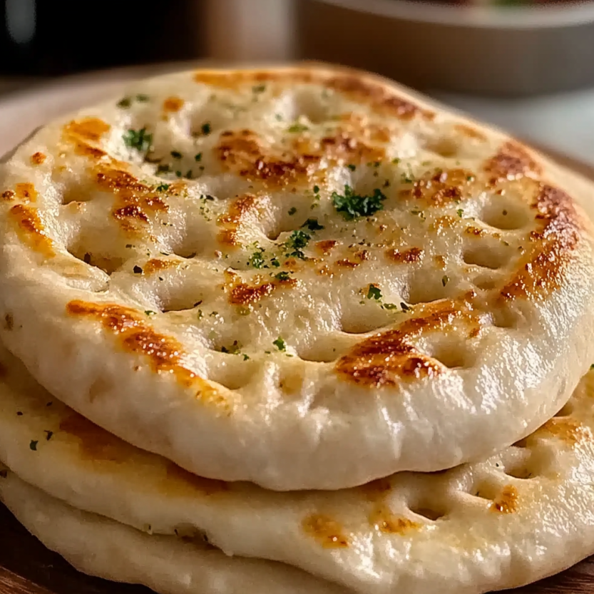 Unleavened stovetop flatbread sits ready to eat on a table.