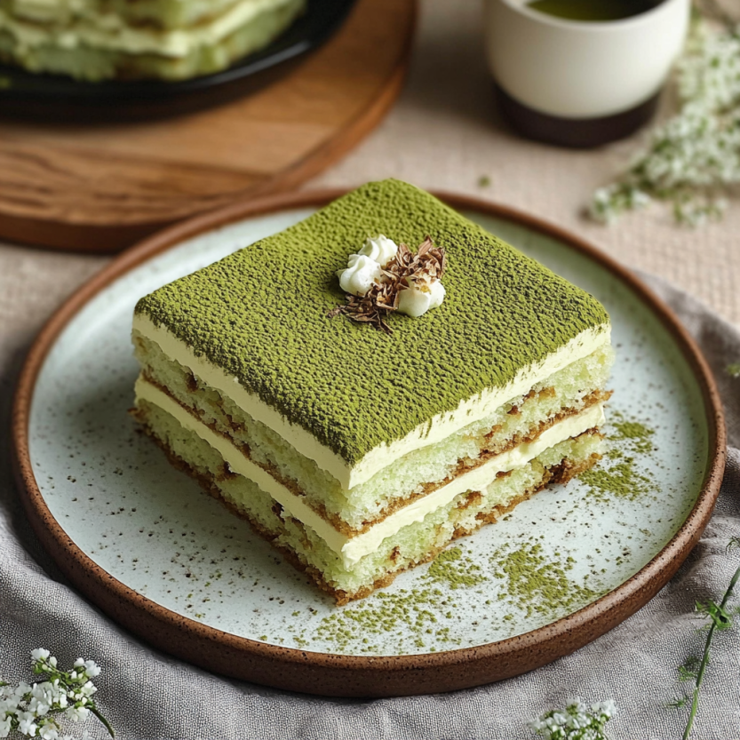 A no-egg chocolate tart with matcha sits on a serving tray, ready to eat.