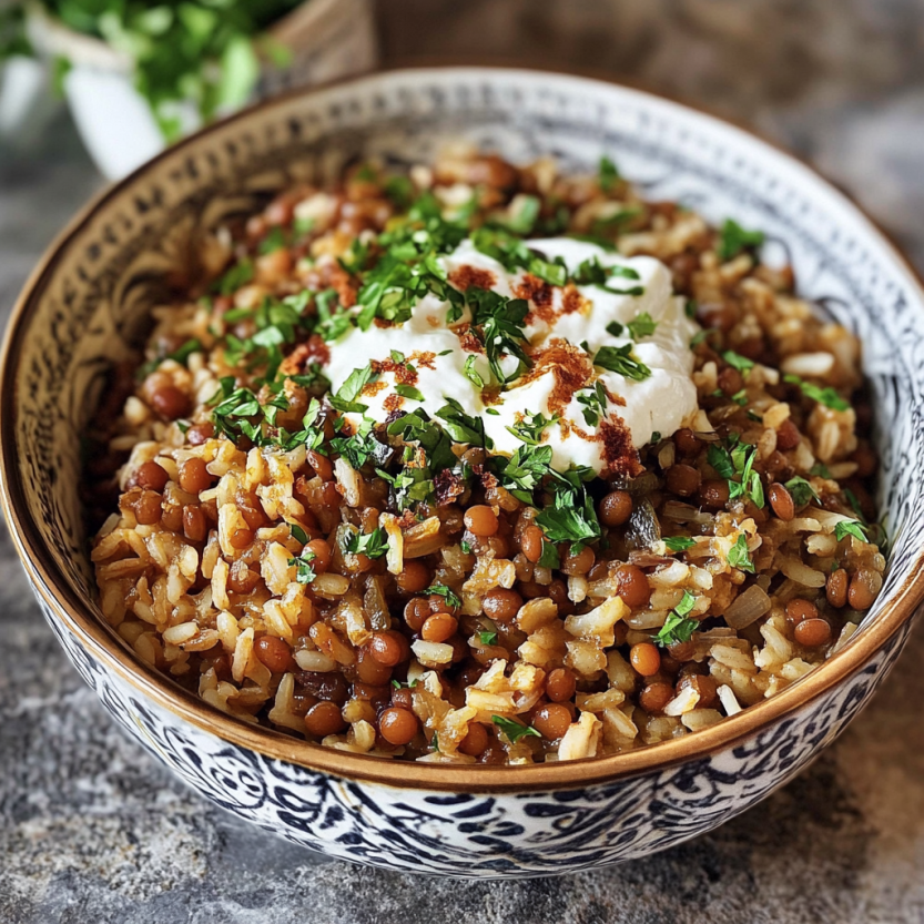 A plate loaded with Mujadara and caramelized onions.