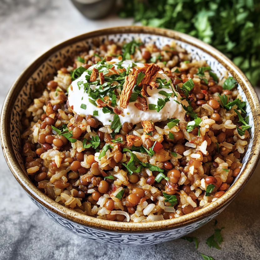 A bowl packed with rice, veggies, and a creamy sauce on top.