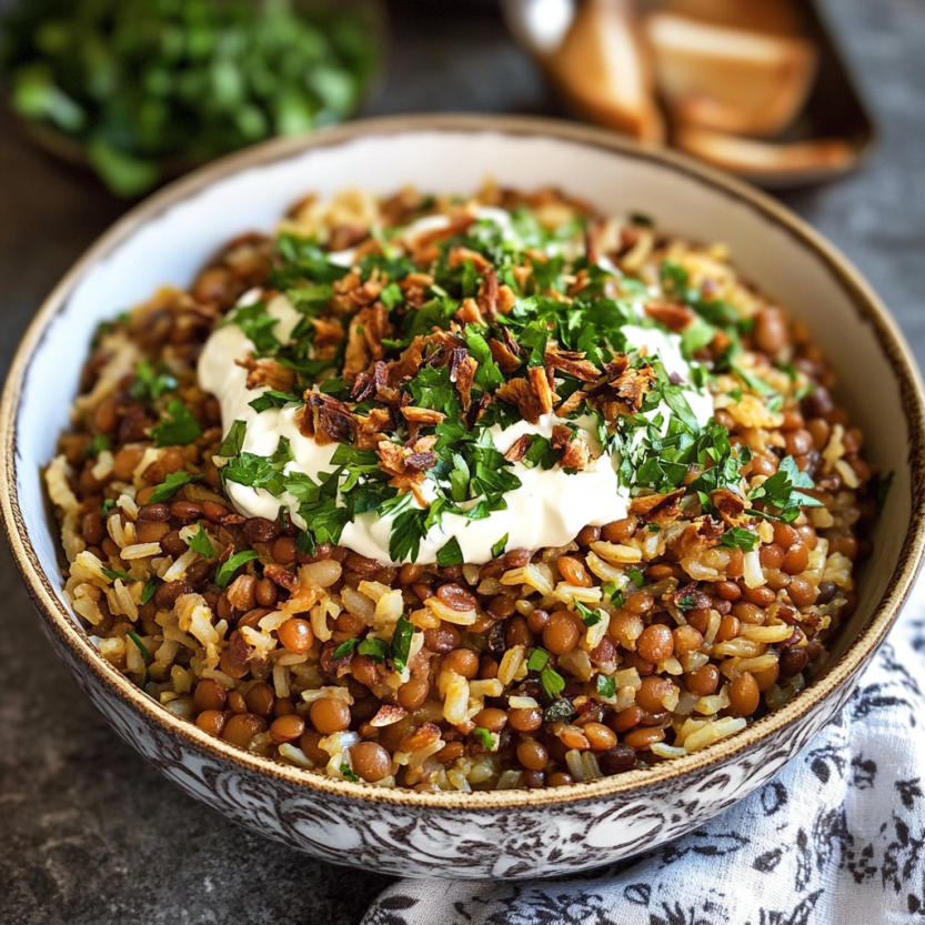 There's a bowl topped with crispy onions on the table.