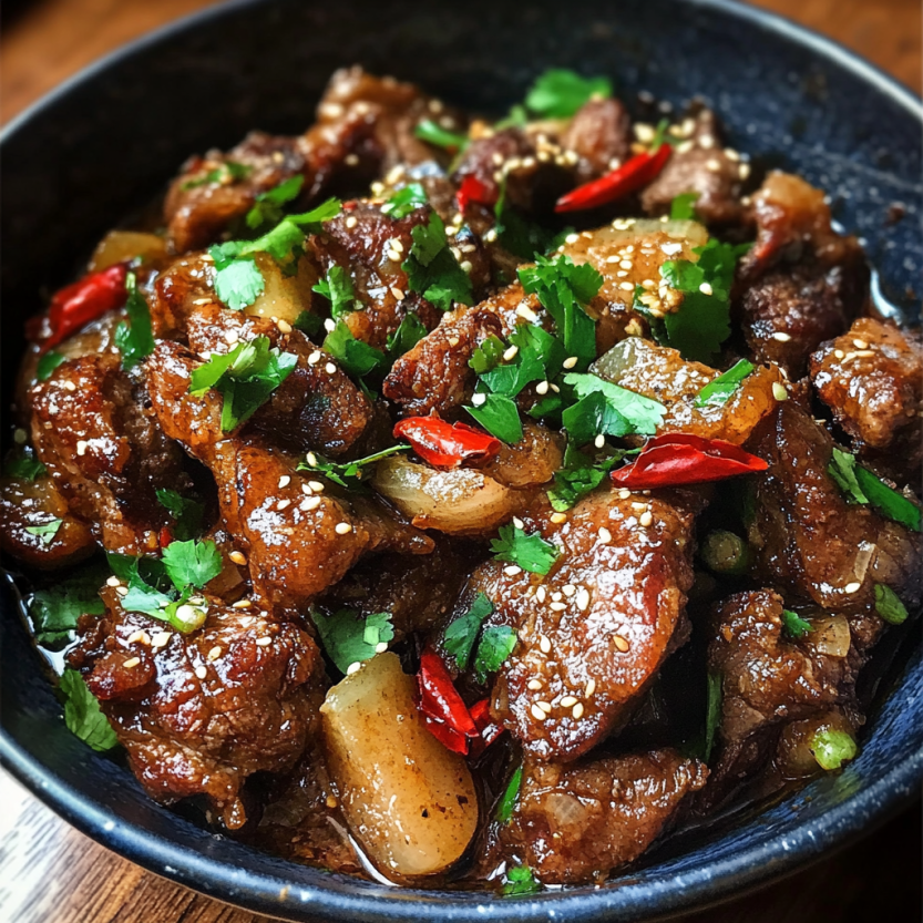 A plate topped with lamb, herbs, and spices—the bold tastes of Chinese cooking.