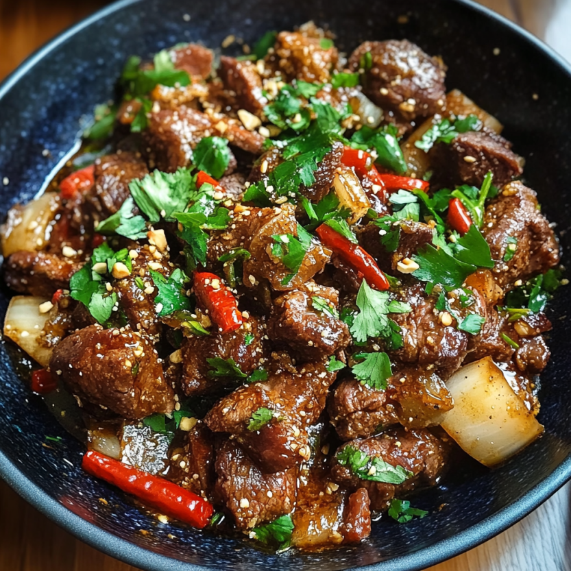 A plate covered with lamb, spices, and sprigs of bright herbs—a nod to Chinese flavors.