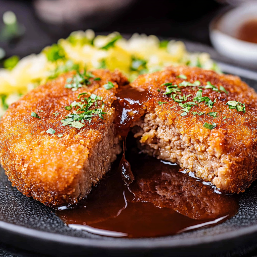 Menchi Katsu (Japanese ground meat cutlet) looking super crispy on a black tray, sauce on the side.