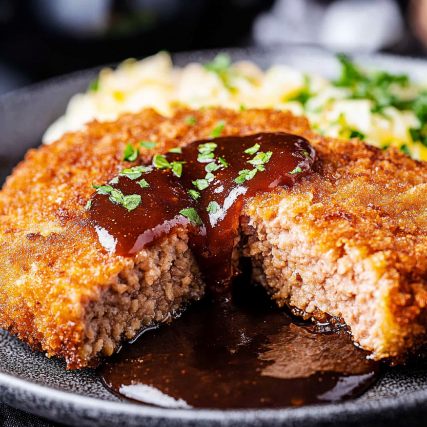 A shot of Menchi Katsu (Japanese ground meat cutlet) with sauce.