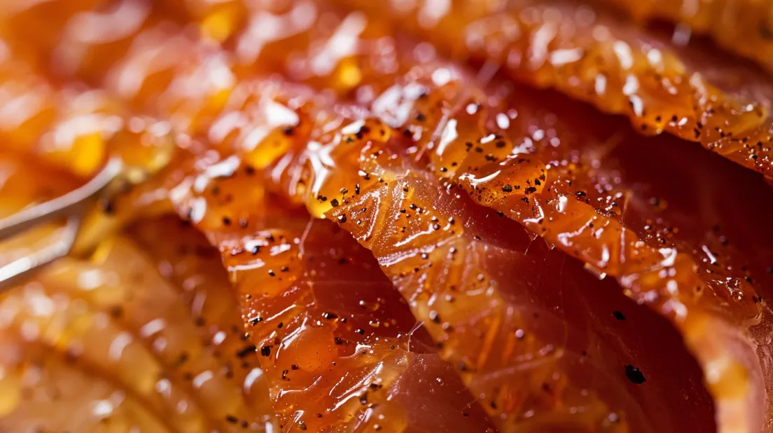 Close up shot of ham with a caramelized, shiny finish.