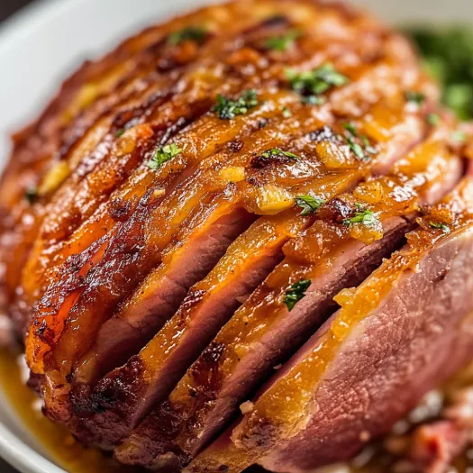 Glossy ham slice with sugar glaze shown up close.