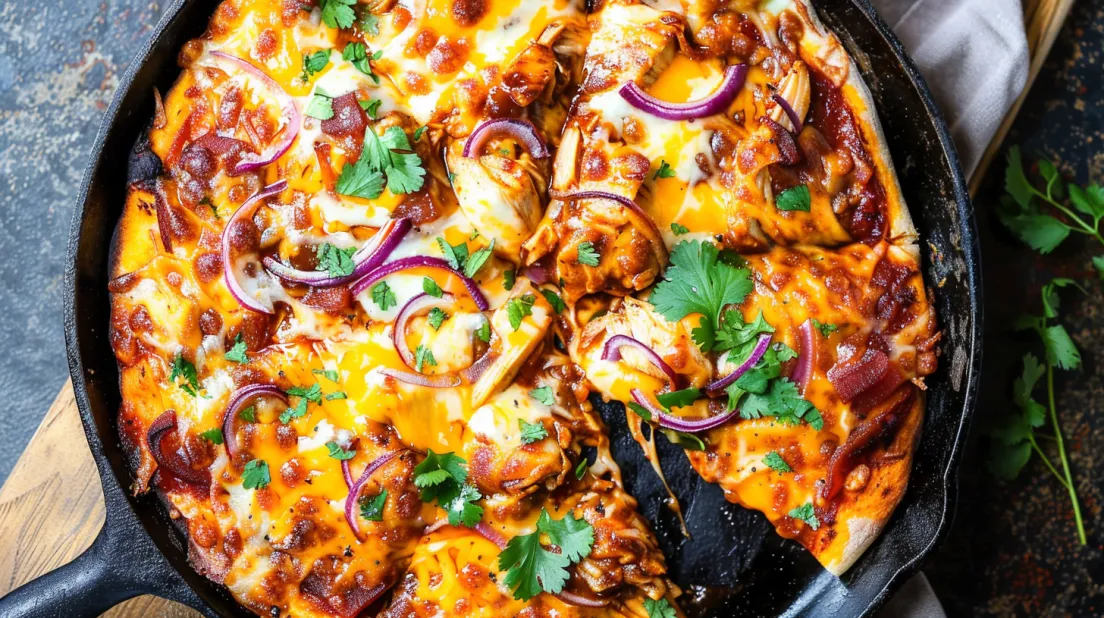 A slice of BBQ chicken pizza straight from the oven.