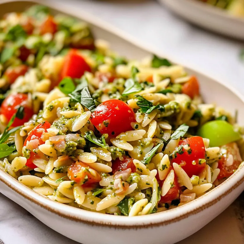 A bowl piled high with orzo, chickpeas, and fresh veggies.