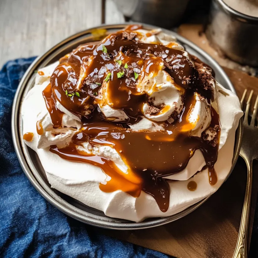 Dessert piled high with whipped cream and chocolate drizzle.