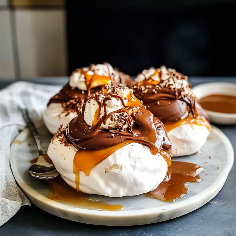 Chocolate pavlova slathered with caramel on a plate.