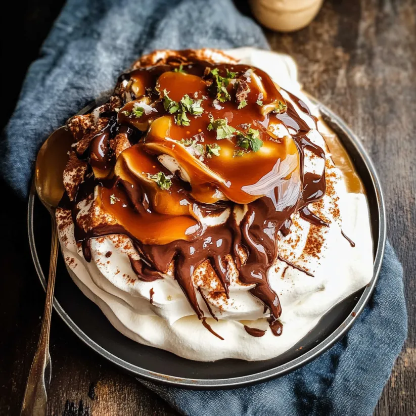 A chocolate pavlova with salted caramel on top.