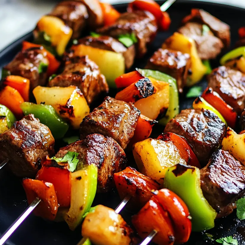 Platter loaded with steak and pineapple skewers with bright peppers.