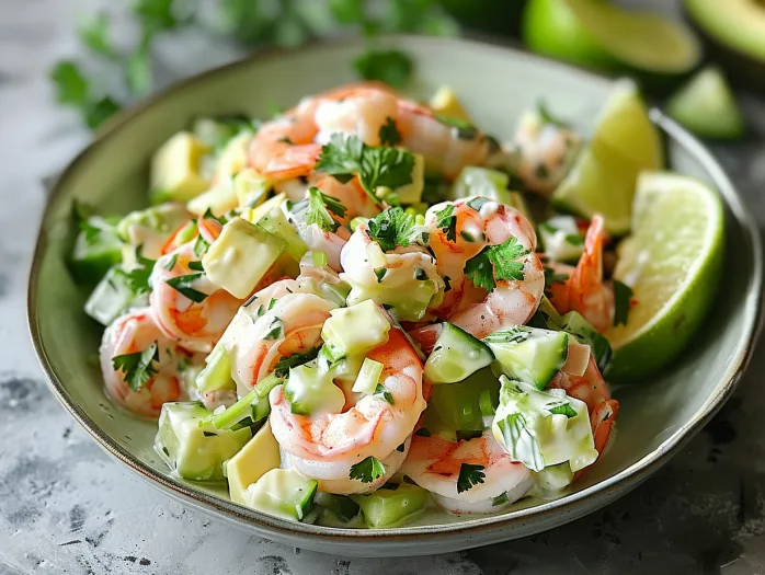 A bowl of shrimp salad with a variety of vegetables.