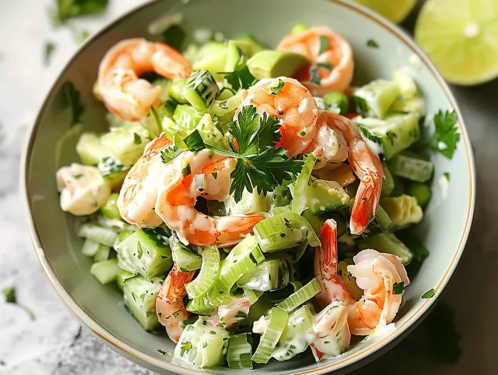 A bowl of shrimp salad with cucumbers and herbs.
