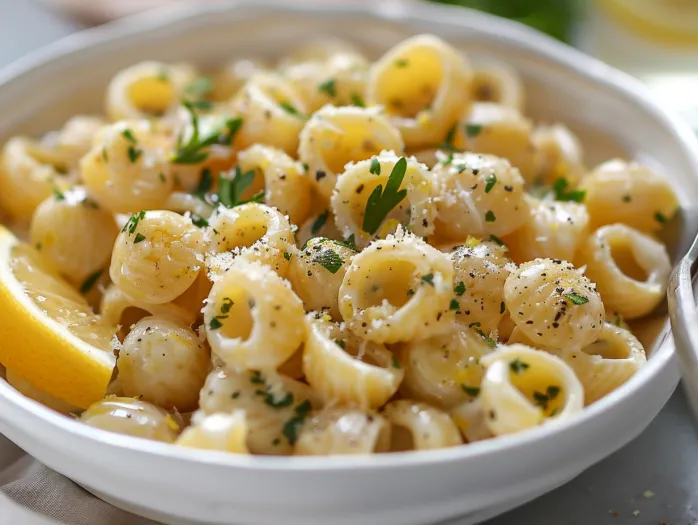 Garlicky pasta with butter and fresh herbs in a bowl.