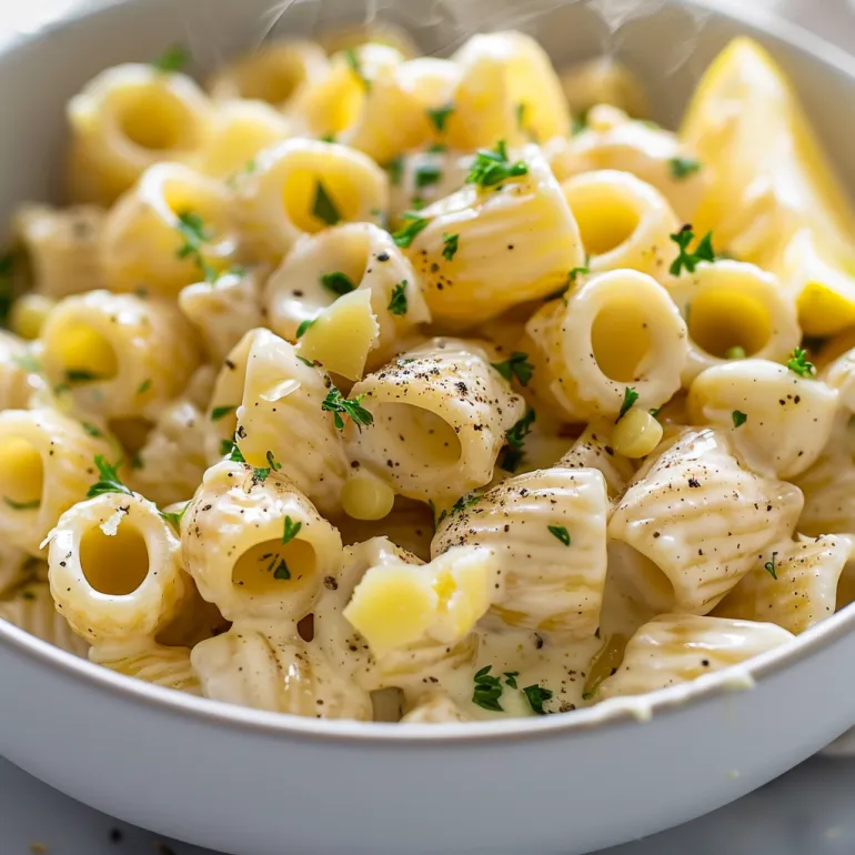 Bowl loaded with pasta in garlicky, buttery sauce.