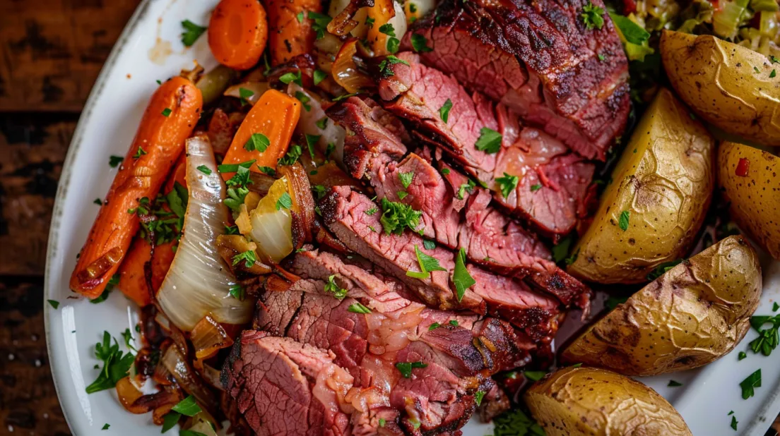 A plate loaded with corned beef, tender cabbage, and colorful carrots.
