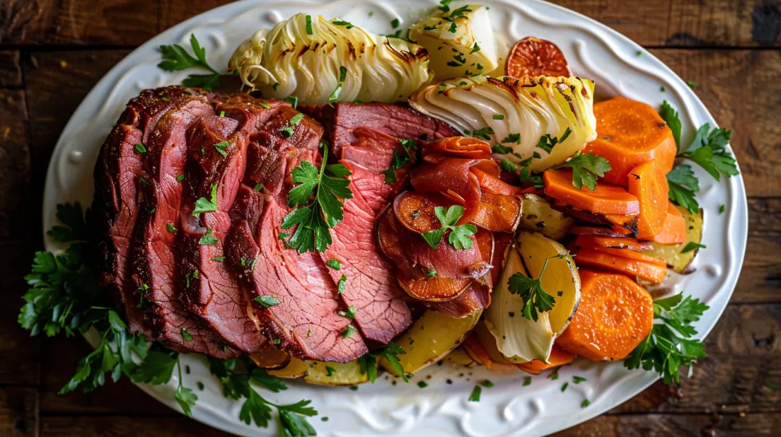 A plate loaded with corned beef, tender cabbage, and colorful carrots.