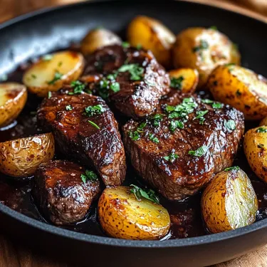 A plate piled with steak and potatoes.
