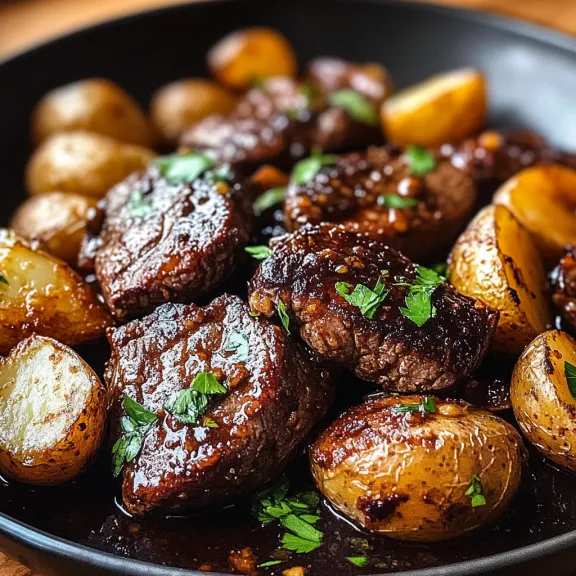 A bowl filled with steak pieces and potatoes.