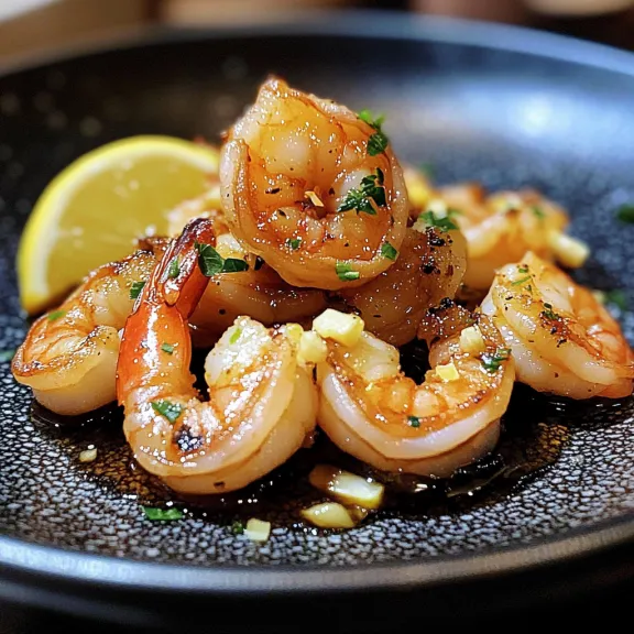 A plate of shrimp finished with lemon and parsley.