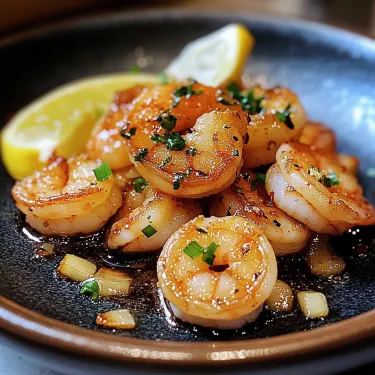 Shrimp finished with lemon and fresh parsley on a plate.