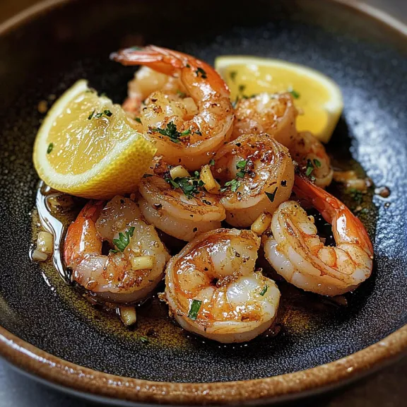 A bowl packed with juicy shrimp and big lemon wedges.