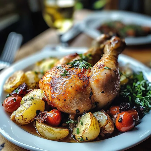 A plate showing a roasted chicken with crispy potatoes and salad.