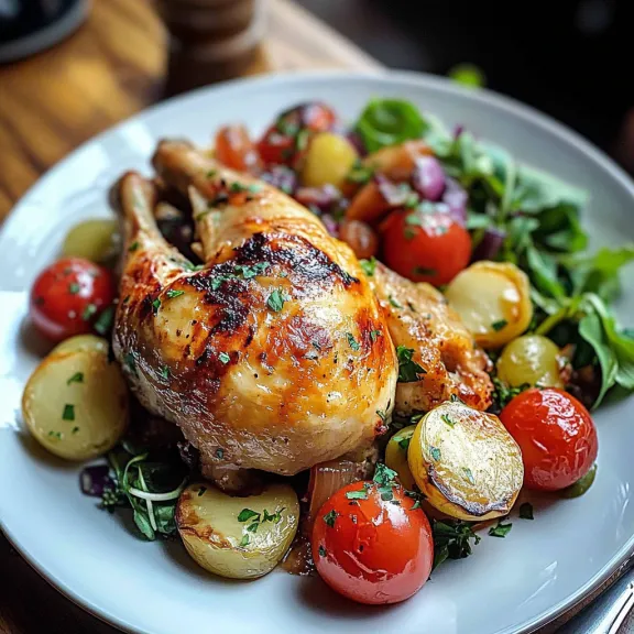 Chicken breast on a plate with cherry tomatoes, potatoes, and green salad.