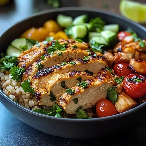 A bowl packed with chicken, tomatoes, and cucumbers.