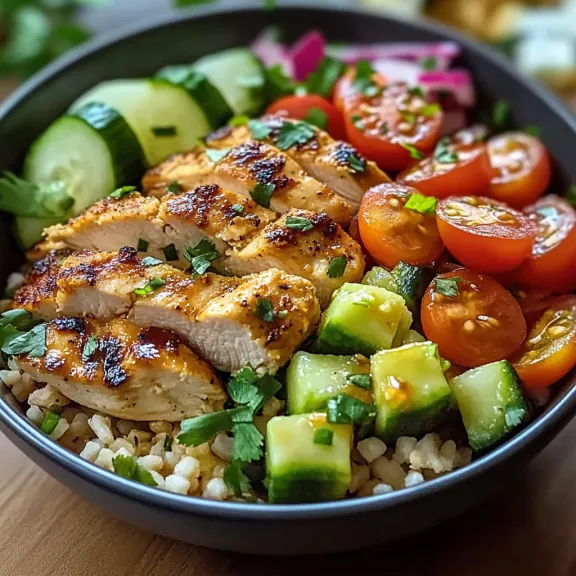 A bowl packed with chicken, tomatoes, and cucumbers.