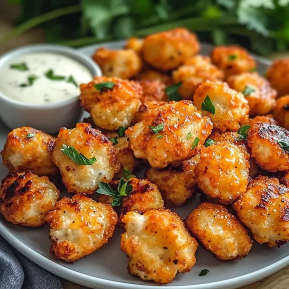 Crispy golden nuggets on a plate next to a dipping sauce bowl.