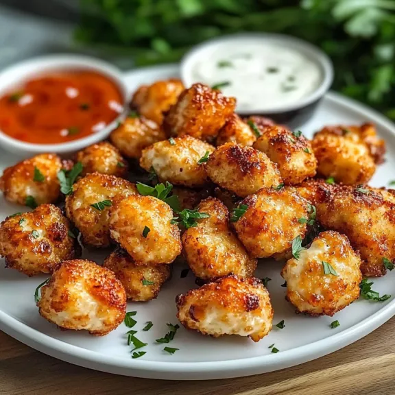 A plate loaded with golden fried bites and a dipping sauce cup.