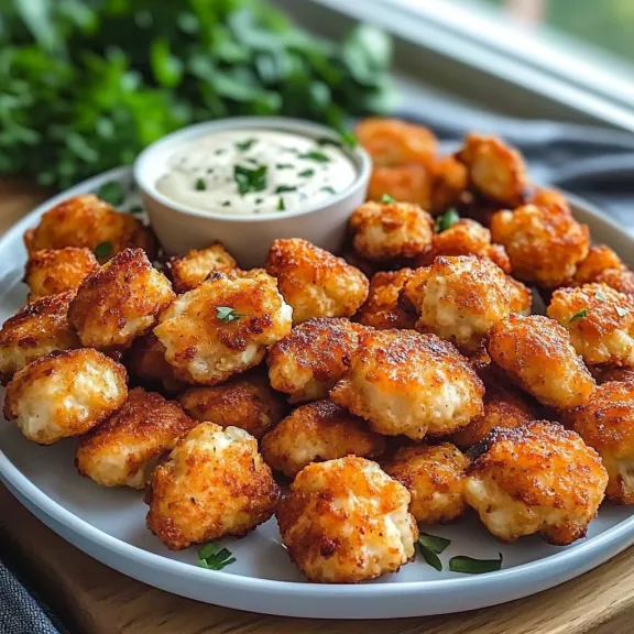 A plate loaded with golden fried bites and a dipping sauce cup.
