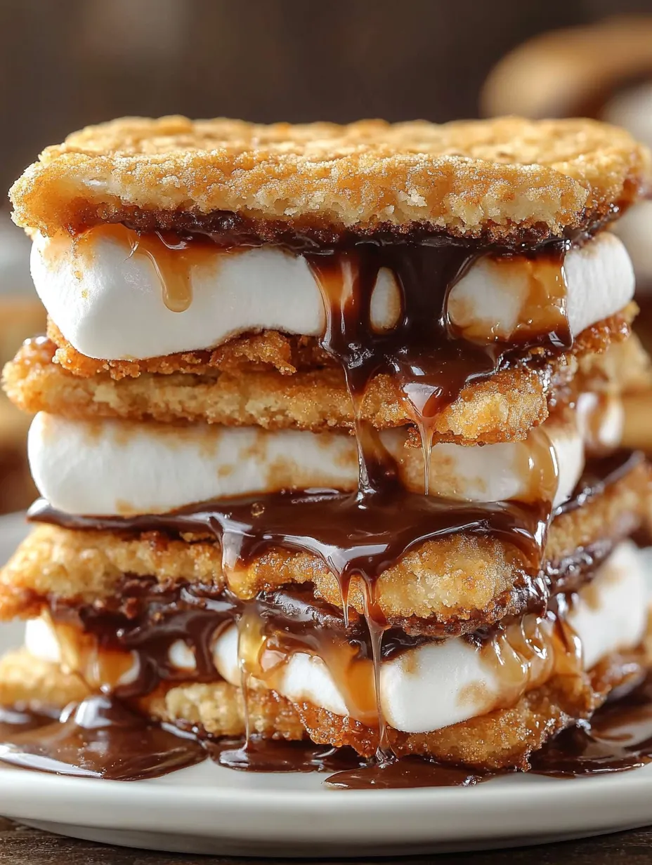 A stack of deep fried s'mores with chocolate drizzle.