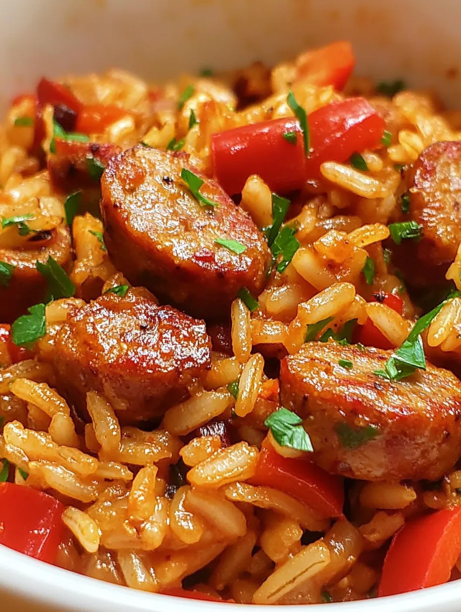 A close up of a dish with rice and sausage.