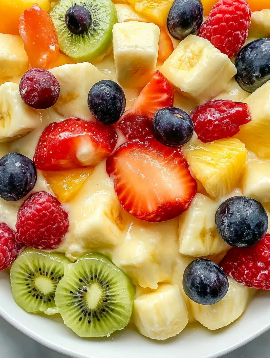 A bowl of fruit salad with vanilla pudding.