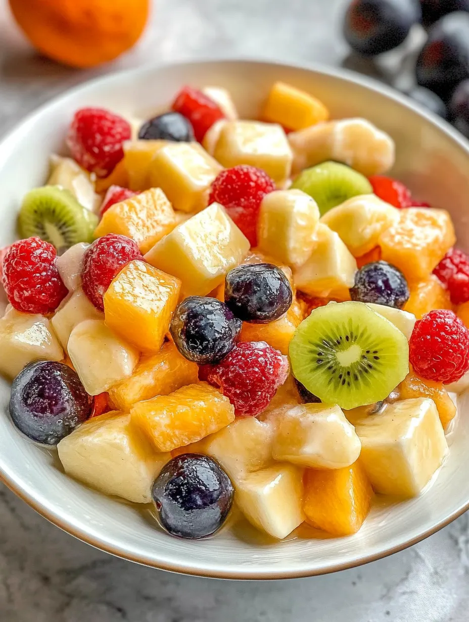 A bowl of fruit salad with vanilla pudding.