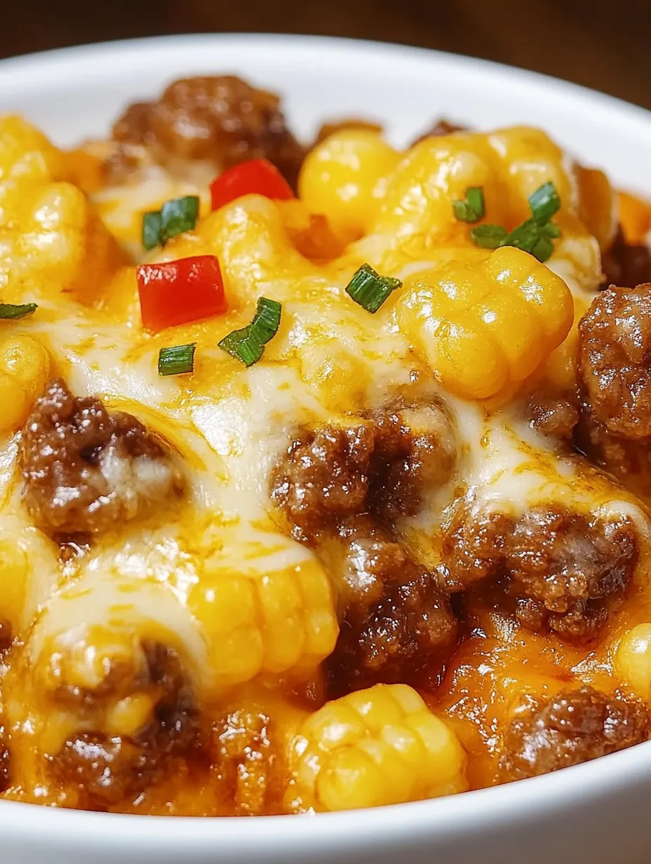 A bowl of cowboy casserole with corn and meat.