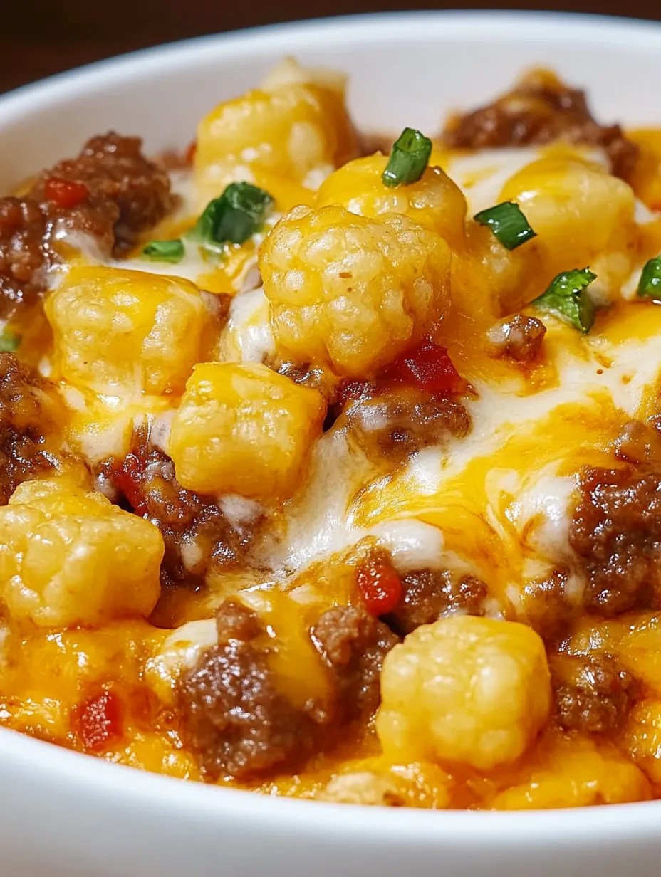 A bowl of cowboy casserole with cheese and meat.