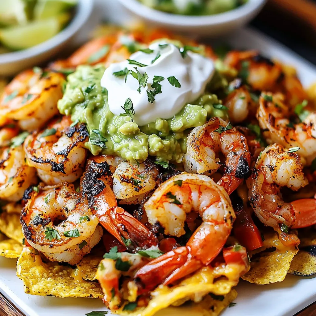 Shrimp nachos with guacamole and sour cream.