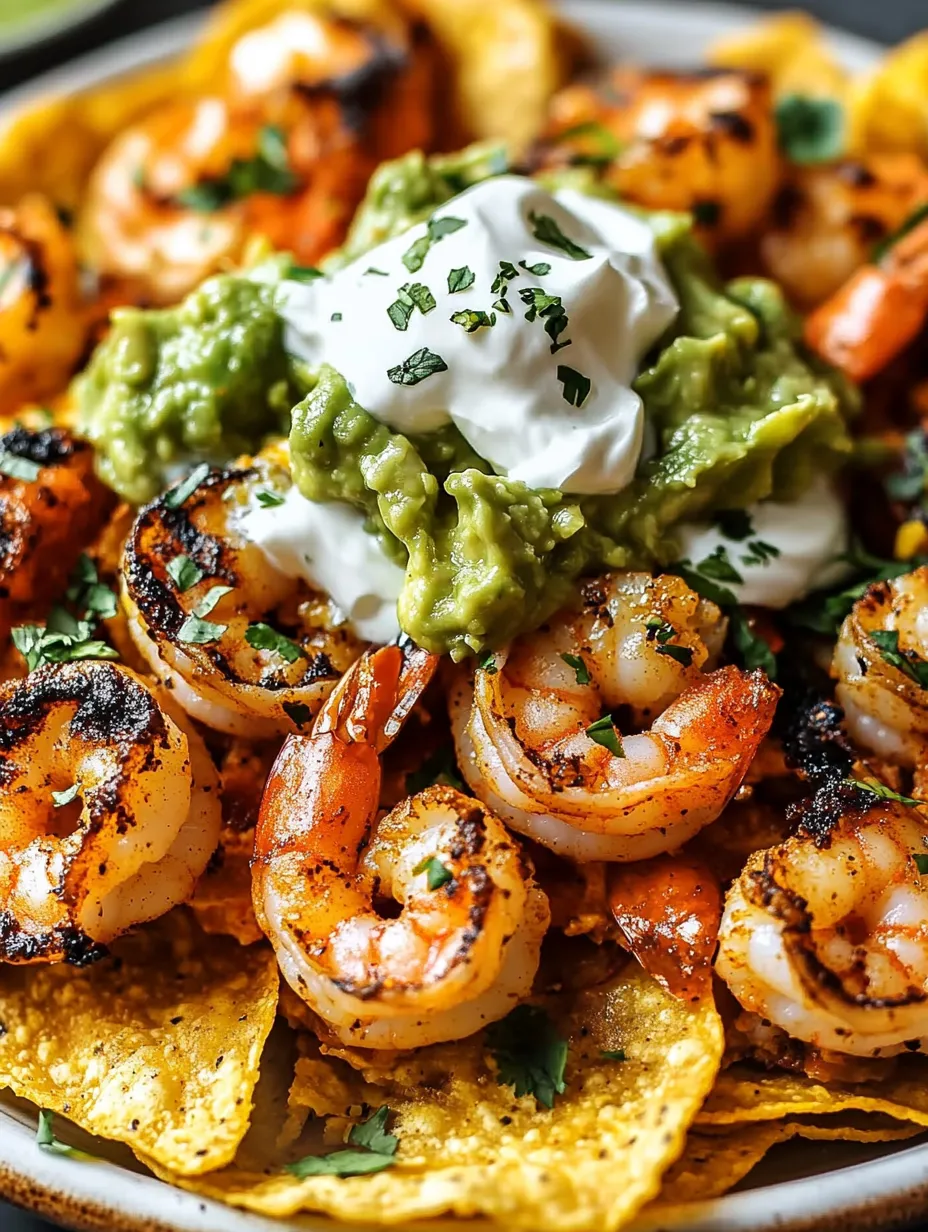 Shrimp nachos with guacamole and sour cream.