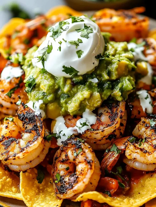 Shrimp nachos with white cheese on top.