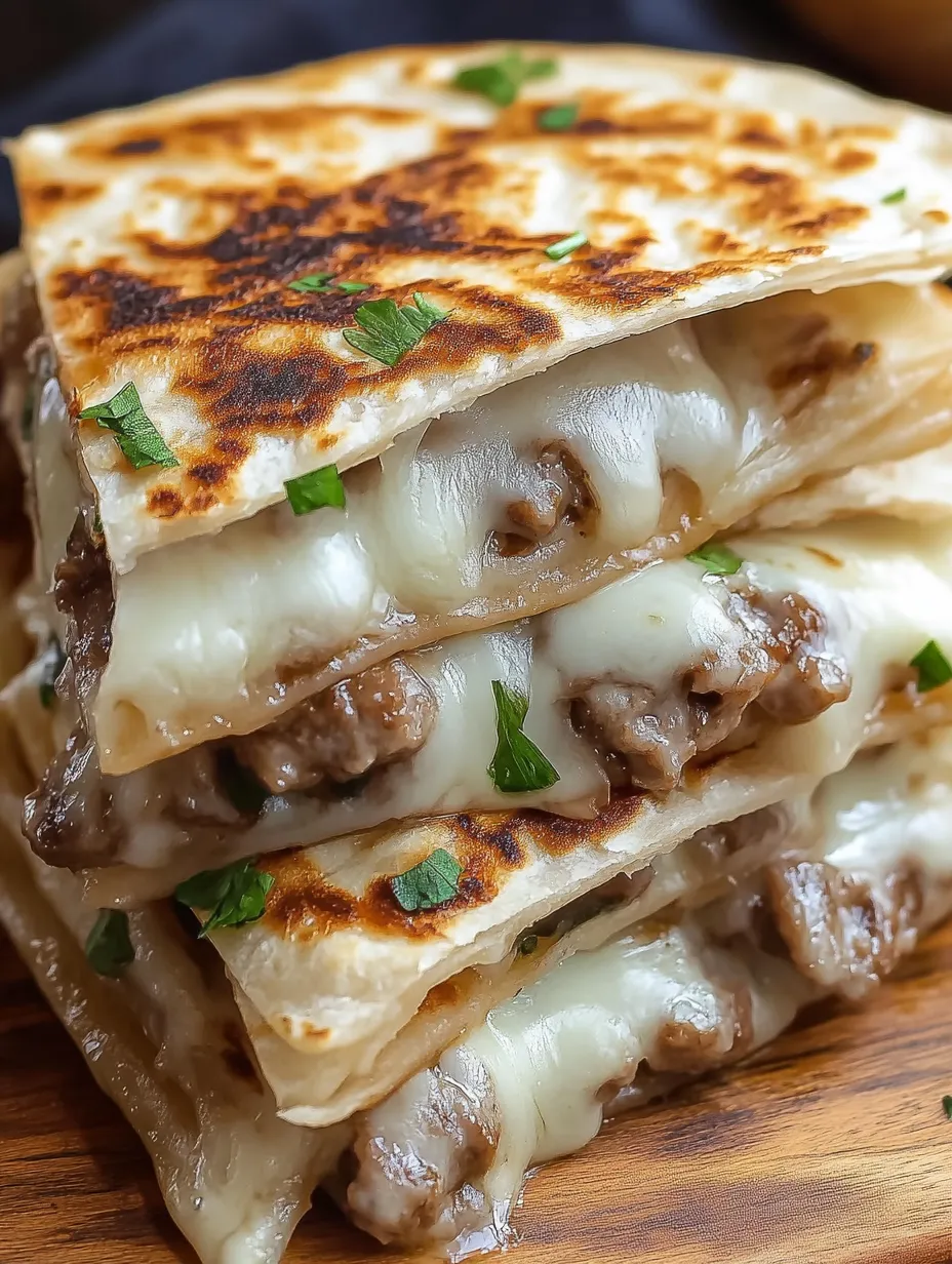 A stack of steak cheese quesadillas on a blackstone.